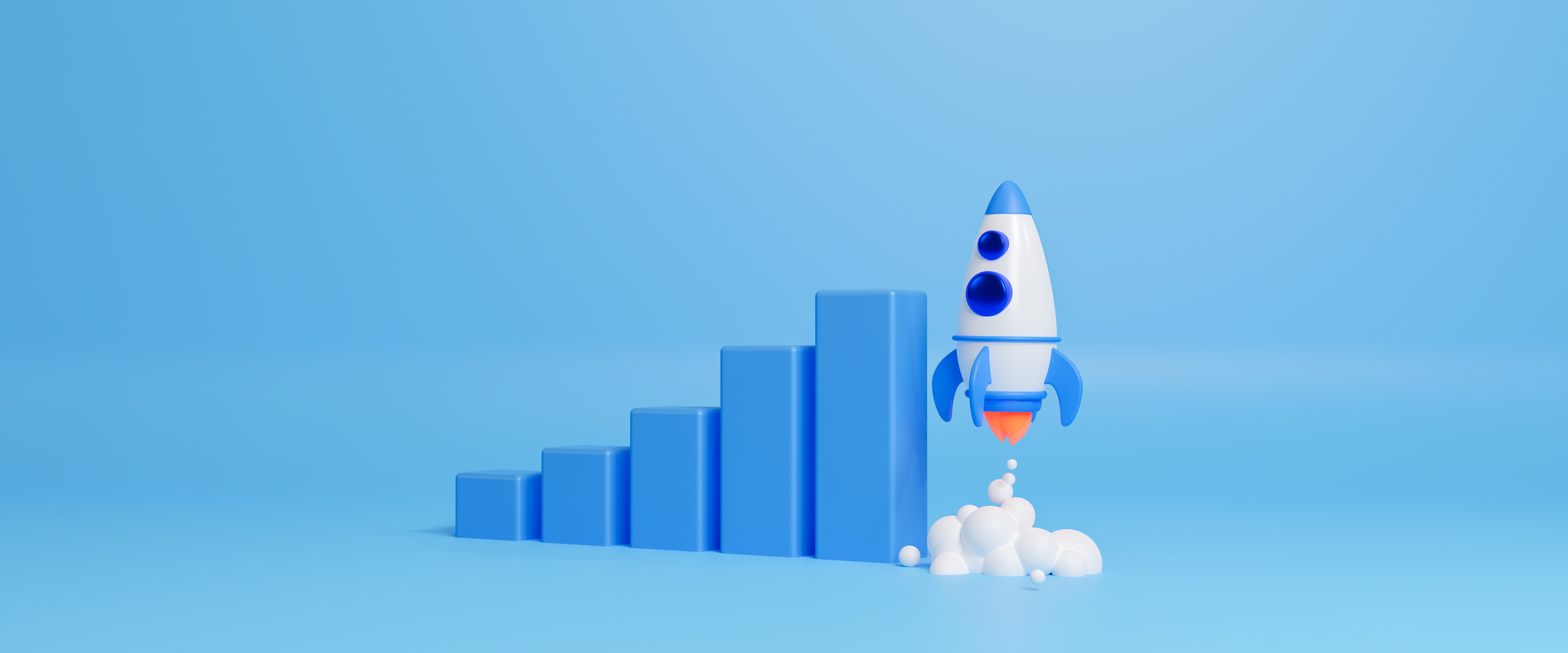 Growthing graph bar with rocket rising moving up. Start up busin